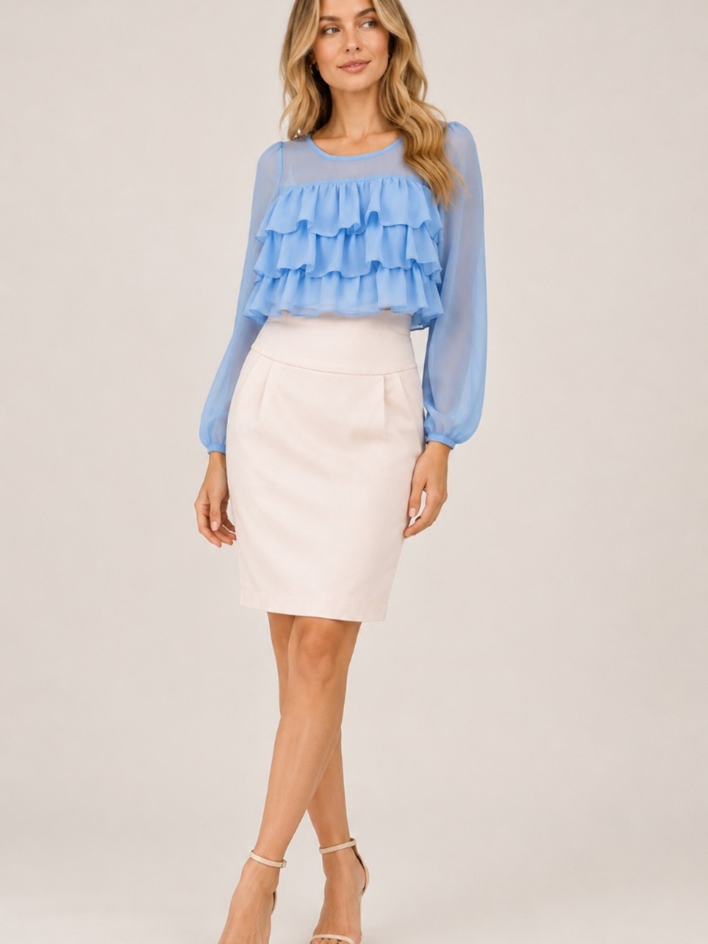 Blue & Ivory Ruffle Chiffon Pencil Dress | 3/4 Sleeve Colorblock Dress